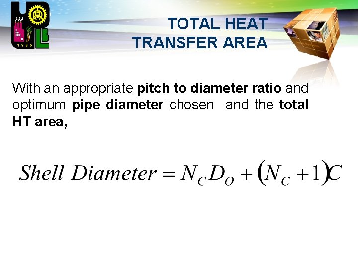 LOGO TOTAL HEAT TRANSFER AREA With an appropriate pitch to diameter ratio and optimum