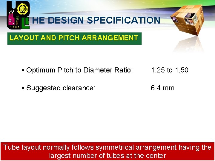 LOGO HE DESIGN SPECIFICATION LAYOUT AND PITCH ARRANGEMENT • Optimum Pitch to Diameter Ratio: