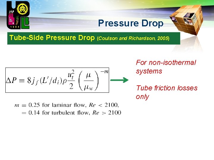 LOGO Pressure Drop Tube-Side Pressure Drop (Coulson and Richardson, 2005) For non-isothermal systems Tube