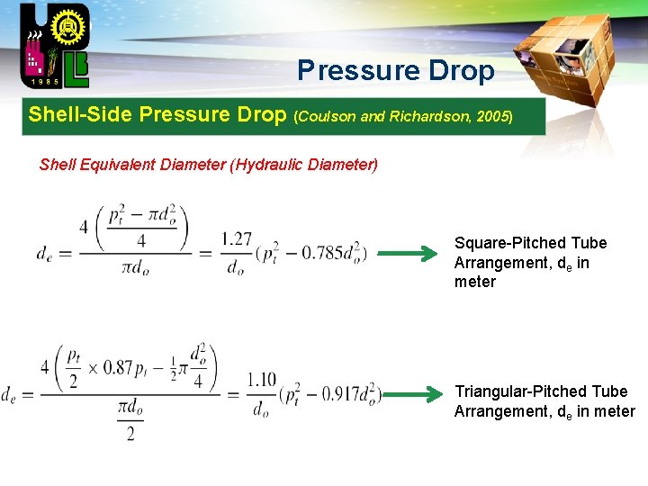 LOGO Pressure Drop Shell-Side Pressure Drop (Coulson and Richardson, 2005) Shell Equivalent Diameter (Hydraulic