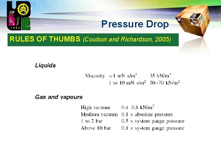 LOGO Pressure Drop RULES OF THUMBS (Coulson and Richardson, 2005) 