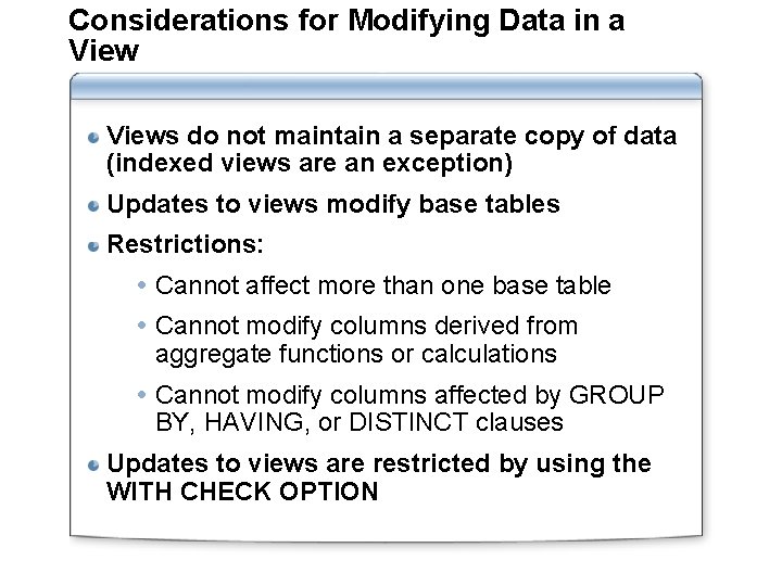 Considerations for Modifying Data in a Views do not maintain a separate copy of