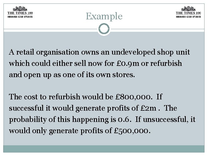 Example A retail organisation owns an undeveloped shop unit which could either sell now