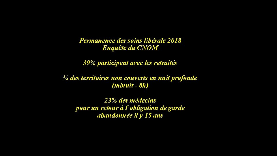 Permanence des soins libérale 2018 Enquête du CNOM 39% participent avec les retraités ¾