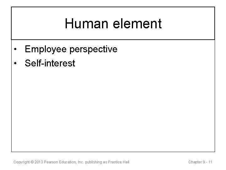 Human element • Employee perspective • Self-interest Copyright © 2013 Pearson Education, Inc. publishing