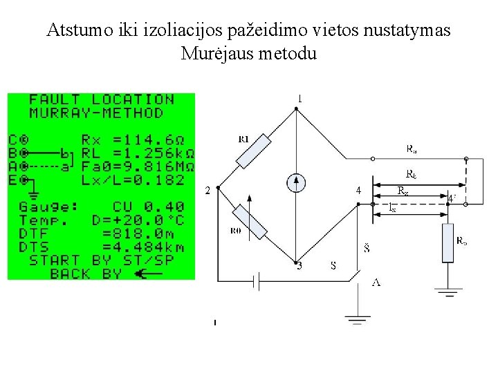 Atstumo iki izoliacijos pažeidimo vietos nustatymas Murėjaus metodu 