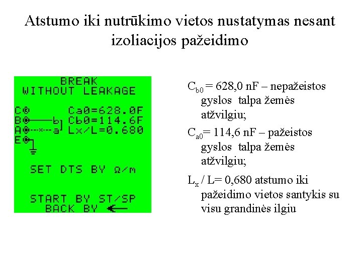 Atstumo iki nutrūkimo vietos nustatymas nesant izoliacijos pažeidimo Cb 0 = 628, 0 n.