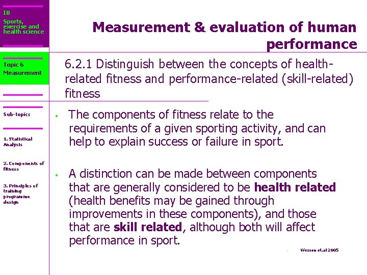 IB Sports, exercise and health science Measurement & evaluation of human performance 6. 2.
