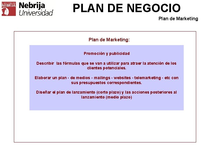 PLAN DE NEGOCIO Plan de Marketing: Promoción y publicidad Describir las fórmulas que se