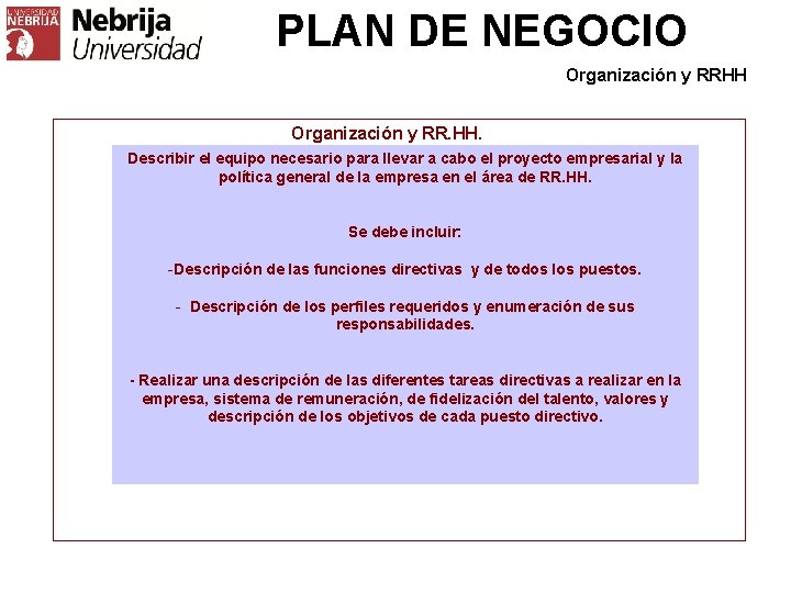 PLAN DE NEGOCIO Organización y RRHH Organización y RR. HH. Describir el equipo necesario