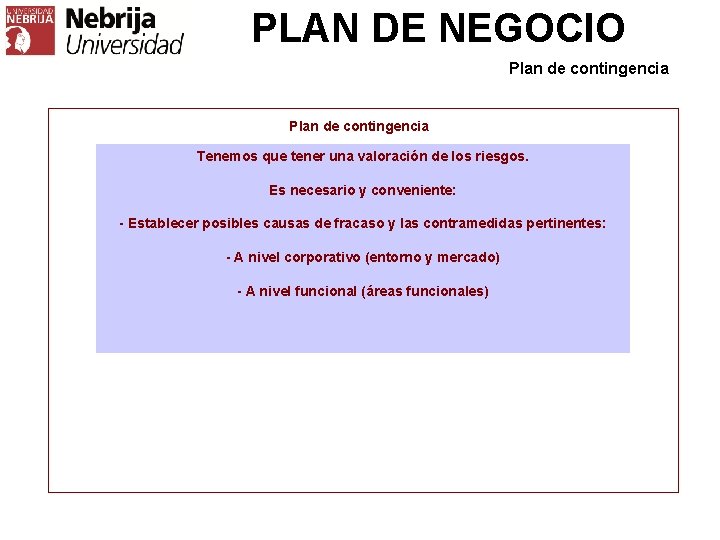 PLAN DE NEGOCIO Plan de contingencia Tenemos que tener una valoración de los riesgos.