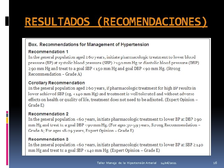 RESULTADOS (RECOMENDACIONES) Taller Manejo de la Hipertensión Arterial 14/06/2021 16 