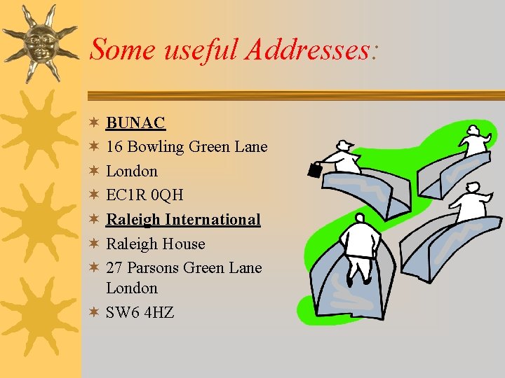 Some useful Addresses: ¬ BUNAC ¬ 16 Bowling Green Lane ¬ London ¬ EC