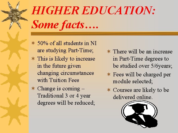 HIGHER EDUCATION: Some facts…. ¬ 50% of all students in NI are studying Part-Time;