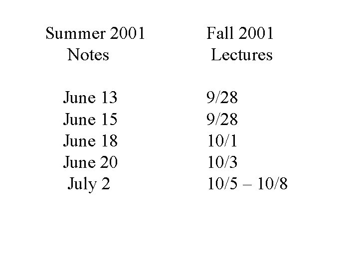 Summer 2001 Notes June 13 June 15 June 18 June 20 July 2 Fall
