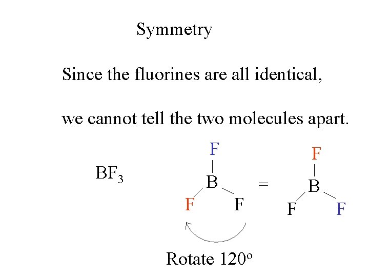 Symmetry Since the fluorines are all identical, we cannot tell the two molecules apart.