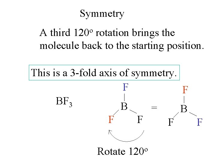 Symmetry A third 120 o rotation brings the molecule back to the starting position.