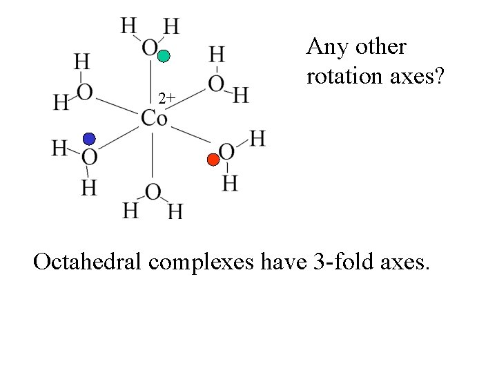 2+ Any other rotation axes? Octahedral complexes have 3 -fold axes. 