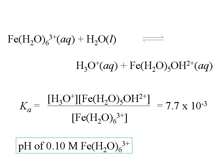 Fe(H 2 O)63+(aq) + H 2 O(l) H 3 O+(aq) + Fe(H 2 O)5