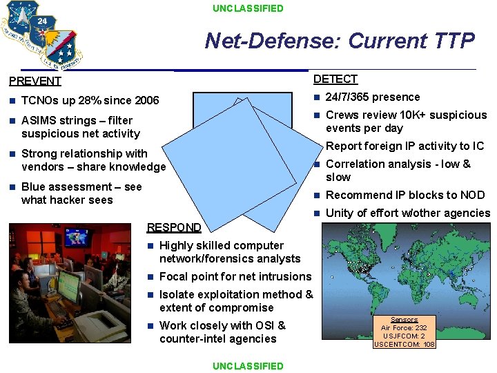 UNCLASSIFIED Net-Defense: Current TTP DETECT PREVENT n TCNOs up 28% since 2006 n 24/7/365 UNCLASSIFIED Net-Defense: Current TTP DETECT PREVENT n TCNOs up 28% since 2006 n 24/7/365