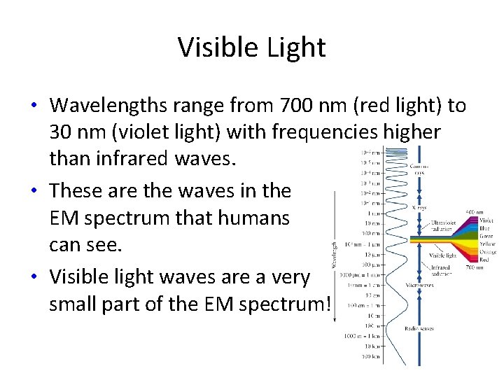 Visible Light • Wavelengths range from 700 nm (red light) to 30 nm (violet