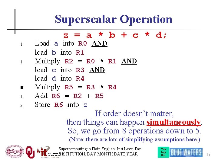 Superscalar Operation z = a * b + c * d; 1. n 1.