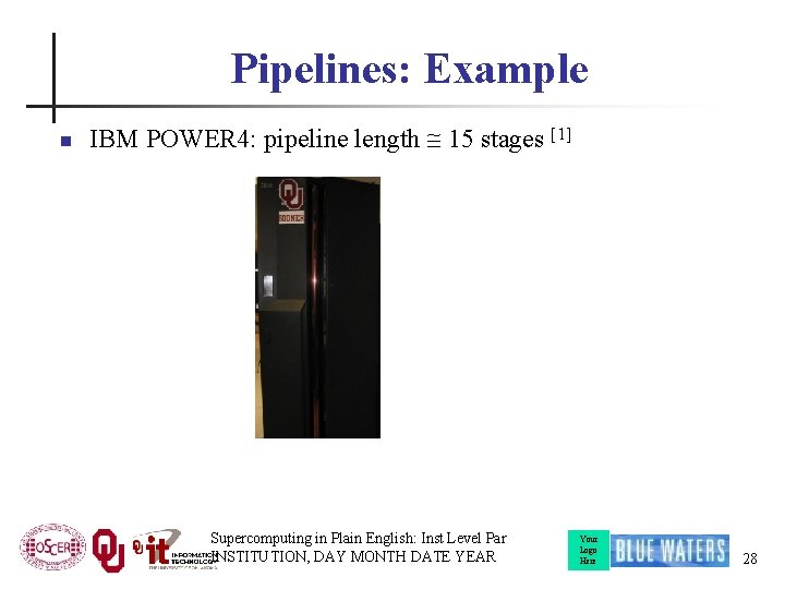 Pipelines: Example n IBM POWER 4: pipeline length 15 stages [1] Supercomputing in Plain