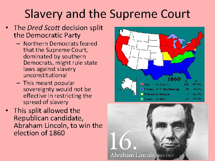 Slavery and the Supreme Court • The Dred Scott decision split the Democratic Party