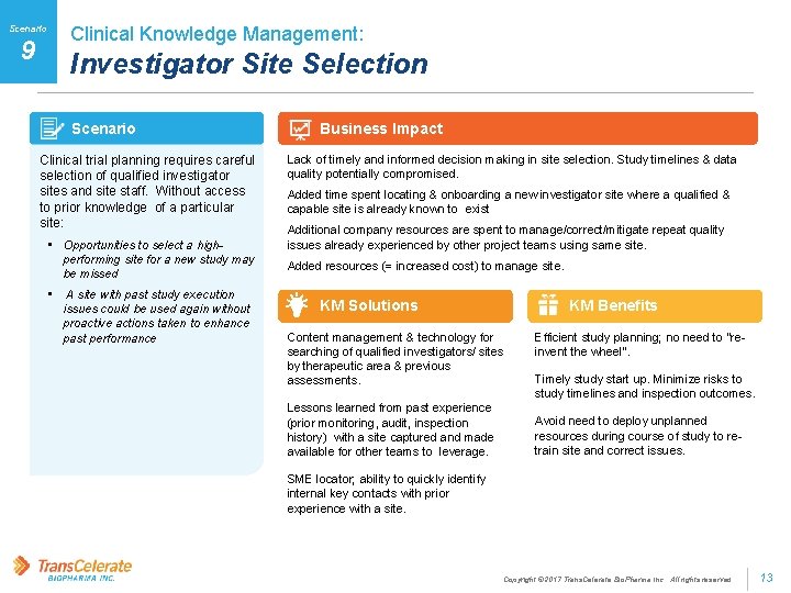 Scenario Clinical Knowledge Management: 9 Investigator Site Selection Scenario Clinical trial planning requires careful