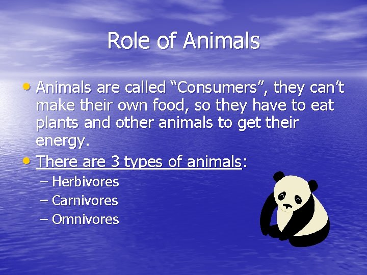 Role of Animals • Animals are called “Consumers”, they can’t make their own food,