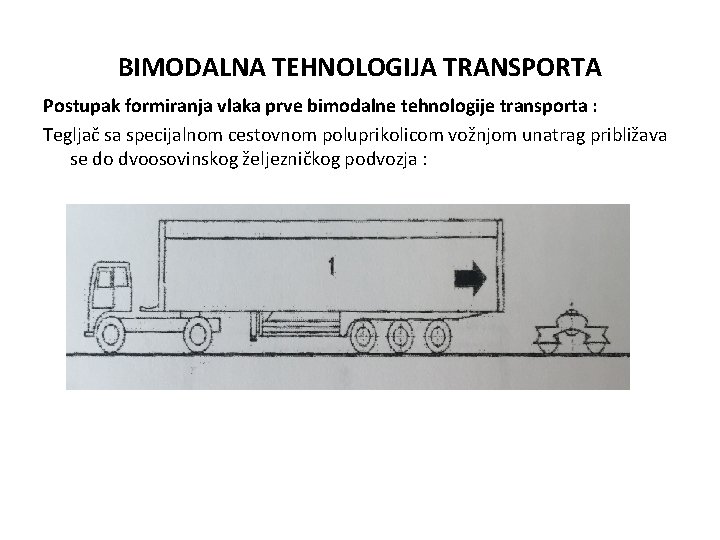 BIMODALNA TEHNOLOGIJA TRANSPORTA Postupak formiranja vlaka prve bimodalne tehnologije transporta : Tegljač sa specijalnom