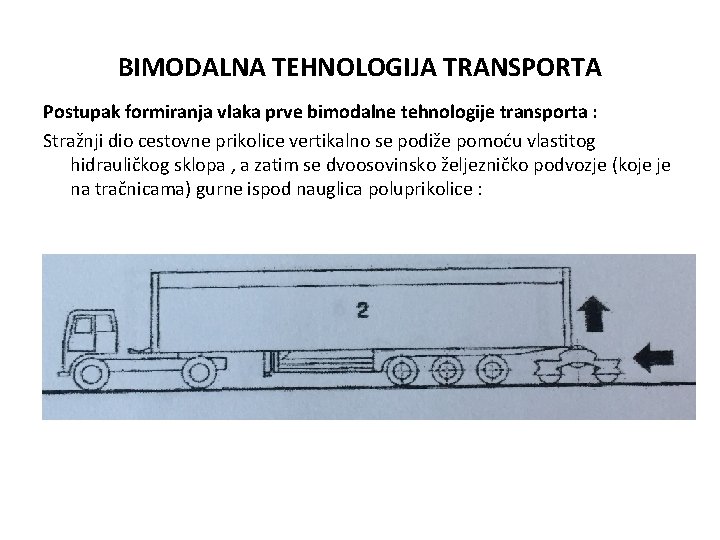 BIMODALNA TEHNOLOGIJA TRANSPORTA Postupak formiranja vlaka prve bimodalne tehnologije transporta : Stražnji dio cestovne