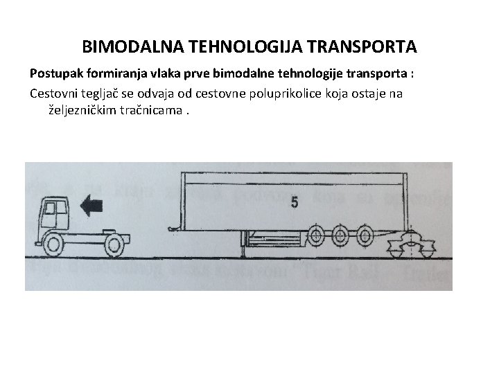 BIMODALNA TEHNOLOGIJA TRANSPORTA Postupak formiranja vlaka prve bimodalne tehnologije transporta : Cestovni tegljač se