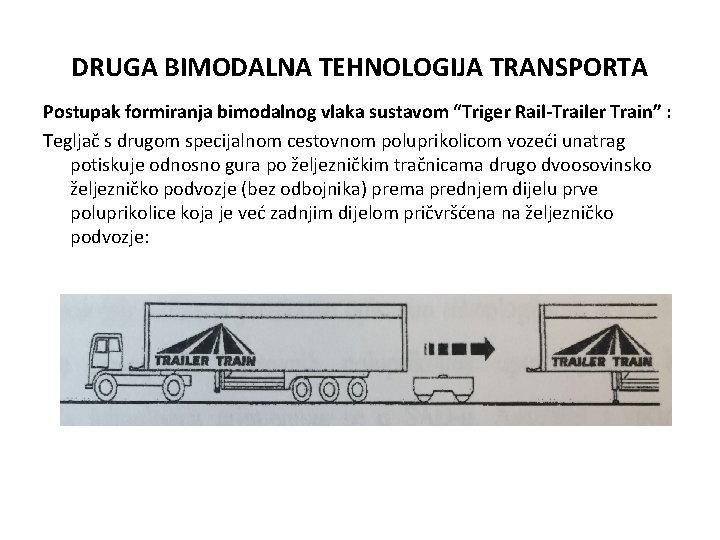 DRUGA BIMODALNA TEHNOLOGIJA TRANSPORTA Postupak formiranja bimodalnog vlaka sustavom “Triger Rail-Trailer Train” : Tegljač