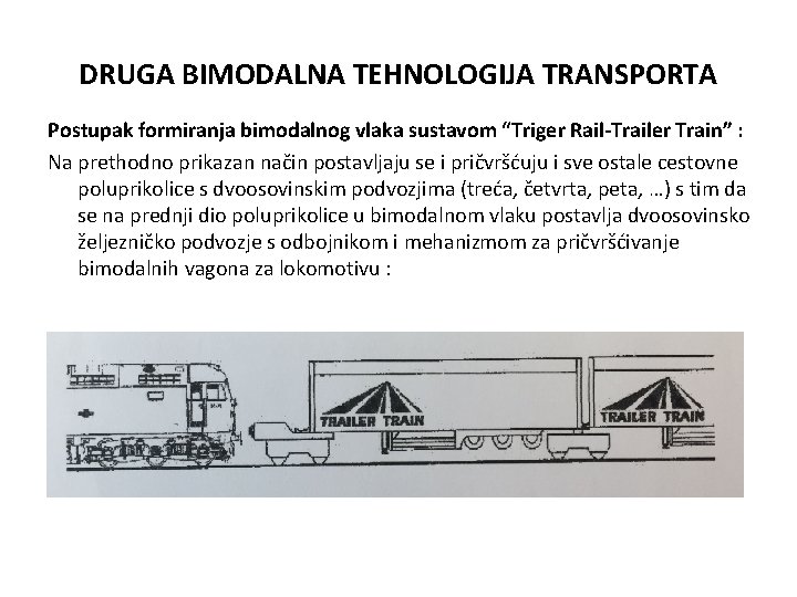 DRUGA BIMODALNA TEHNOLOGIJA TRANSPORTA Postupak formiranja bimodalnog vlaka sustavom “Triger Rail-Trailer Train” : Na