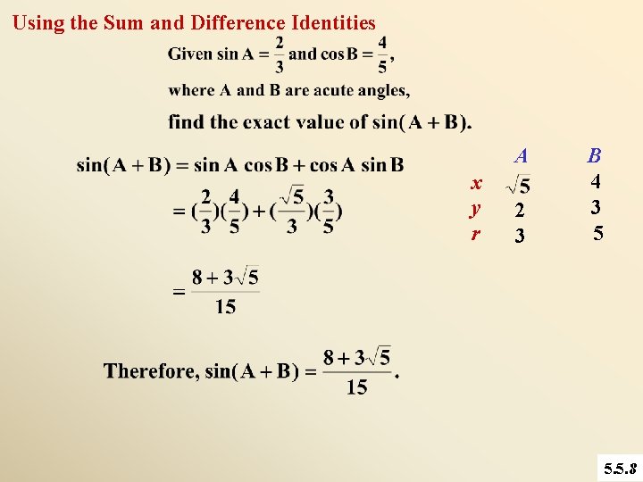 Using the Sum and Difference Identities A x y r 2 3 B 4