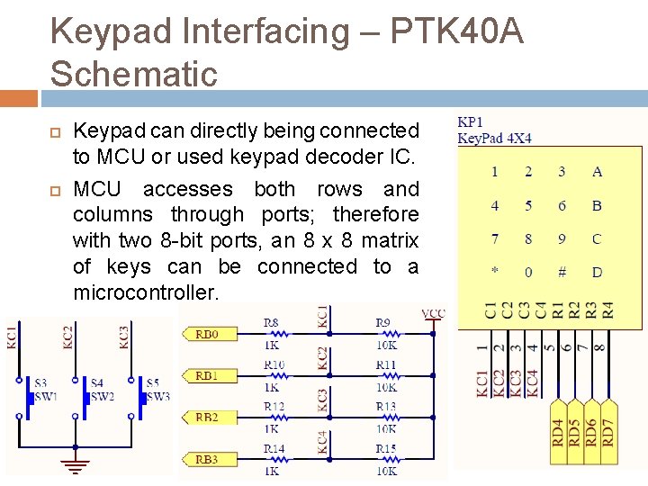 Keypad Interfacing – PTK 40 A Schematic Keypad can directly being connected to MCU