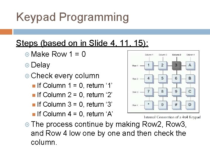 Keypad Programming Steps (based on in Slide 4, 11, 15): Make Row 1 =