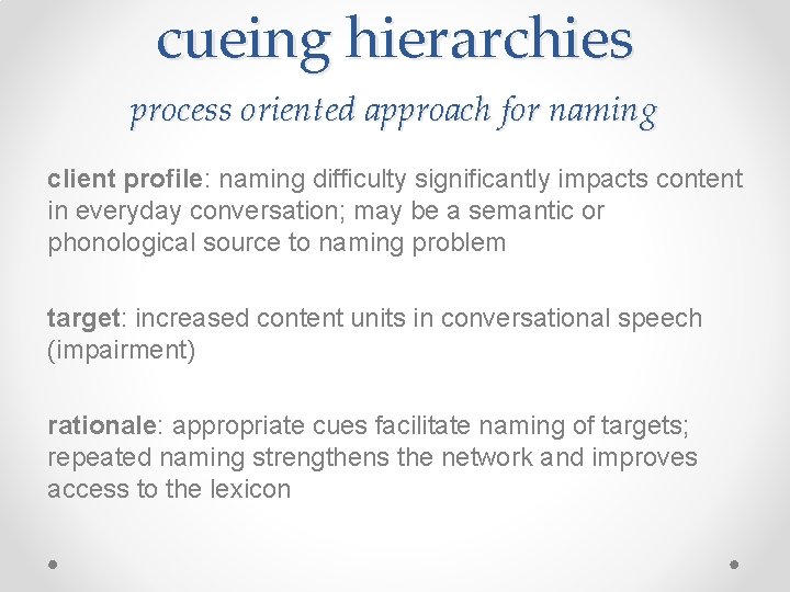 cueing hierarchies process oriented approach for naming client profile: naming difficulty significantly impacts content