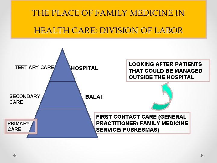 THE PLACE OF FAMILY MEDICINE IN HEALTH CARE: DIVISION OF LABOR TERTIARY CARE SECONDARY