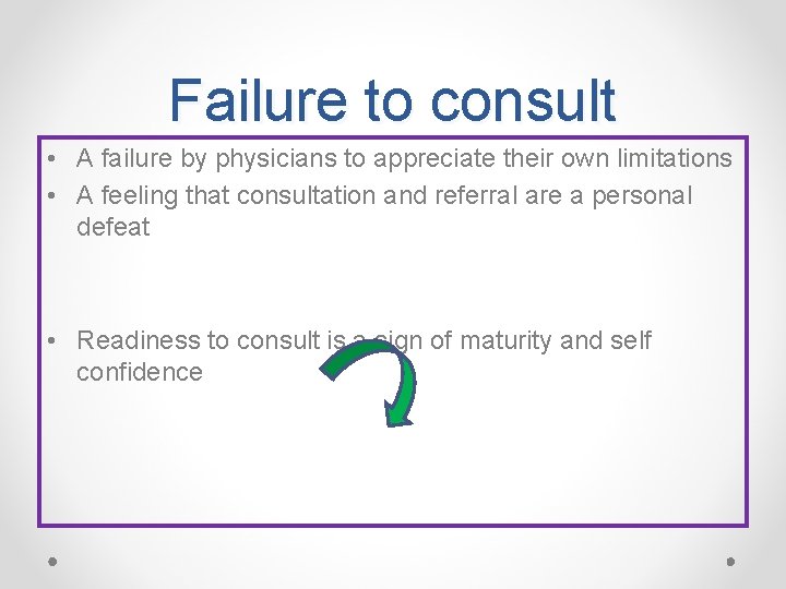 Failure to consult • A failure by physicians to appreciate their own limitations •