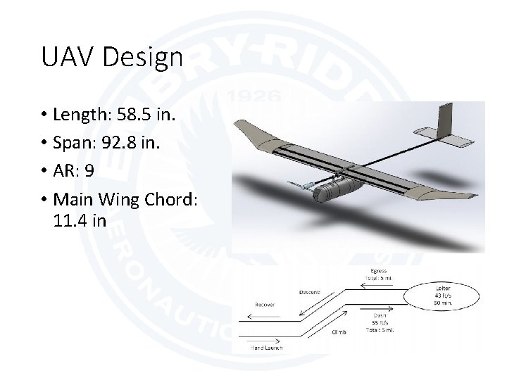 UAV Design • Length: 58. 5 in. • Span: 92. 8 in. • AR: UAV Design • Length: 58. 5 in. • Span: 92. 8 in. • AR: