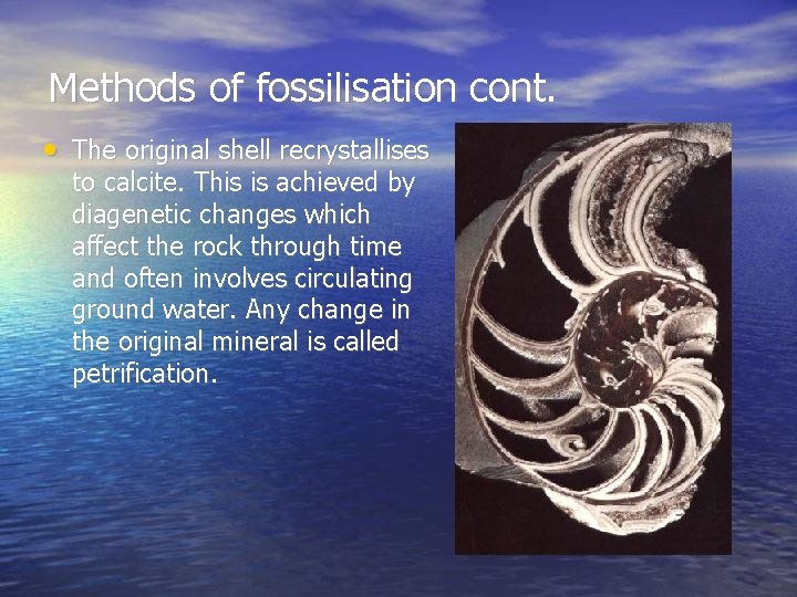 Methods of fossilisation cont. • The original shell recrystallises to calcite. This is achieved