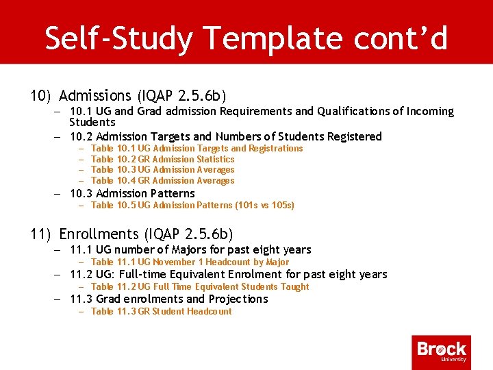 Self-Study Template cont’d 10) Admissions (IQAP 2. 5. 6 b) – 10. 1 UG