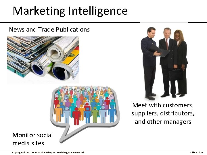 Marketing Intelligence News and Trade Publications Meet with customers, suppliers, distributors, and other managers