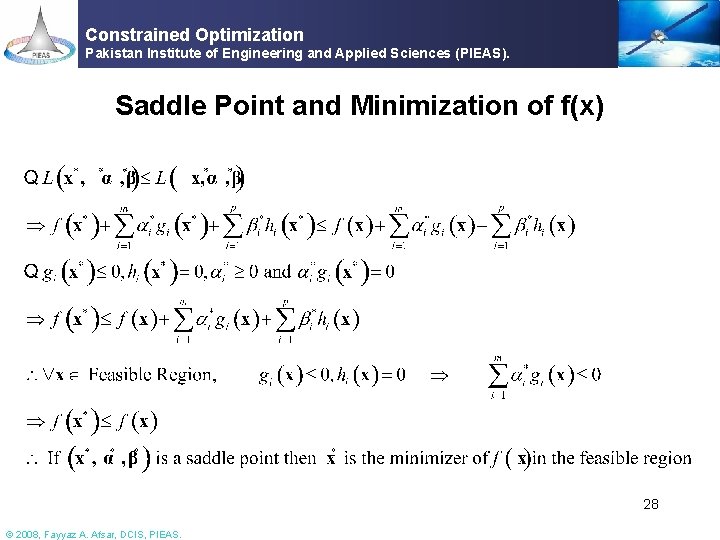 Constrained Optimization Pakistan Institute of Engineering and Applied Sciences (PIEAS). Saddle Point and Minimization