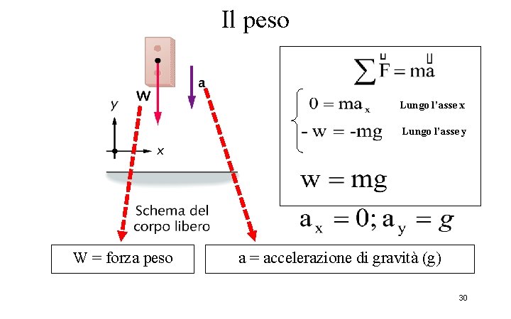 Il peso Lungo l’asse x Lungo l’asse y W = forza peso a =