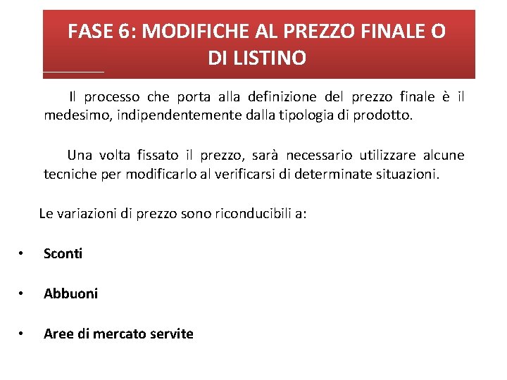 FASE 6: MODIFICHE AL PREZZO FINALE O DI LISTINO Il processo che porta alla