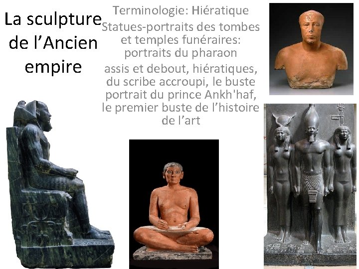 Terminologie: Hiératique La sculpture. Statues-portraits des tombes temples funéraires: de l’Ancien etportraits du pharaon