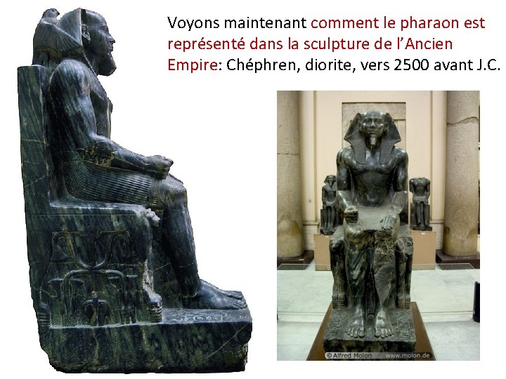 Voyons maintenant comment le pharaon est représenté dans la sculpture de l’Ancien Empire: Chéphren,